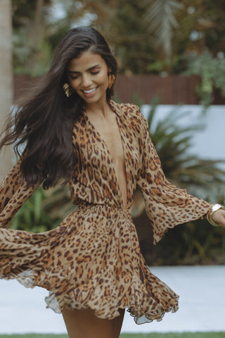 Dames Jurk - Diepe V-Hals - Lange Mouwen - A-Lijn Met Ruches - Elastische Taille Leopard Print (Diepe V-Hals)
