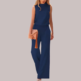 Dames Zijde Jumpsuit Zijde Mouwloze Top Wijde Pijpen Blauw