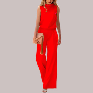 Dames Zijde Jumpsuit Zijde Mouwloze Top Wijde Pijpen Rood