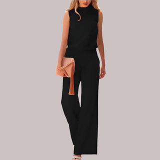 Dames Zijde Jumpsuit Zijde Mouwloze Top Wijde Pijpen Zwart