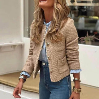 Dames Korte Tweed Overgangsjas Elegant voor de Lente Beige