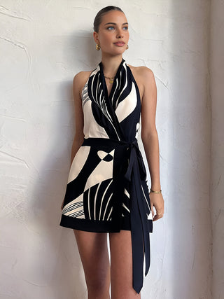 Luna | Dames Halterjurk – Abstracte Print, Satijnmix & Wikkelrand