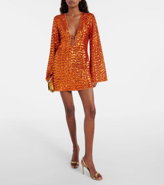 Adōre | Dames Glitter Mini-jurk – Pailletten met V-hals & Wijde Mouwen Oranje