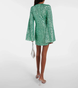 Adōre | Dames Glitter Mini-jurk – Pailletten met V-hals & Wijde Mouwen