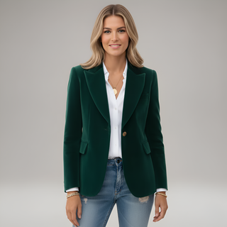 Beya | Dames Blazer – Luxueus Fluweel, Klassieke Eénknoops-Sluiting & Elegante Taille Groen