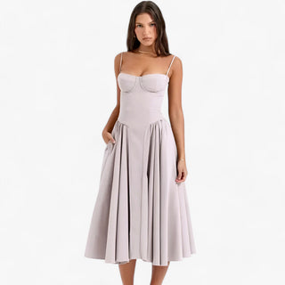 Vespera | Korsetjurk voor dames – Mouwloze midi-feestjurk met silhouetversterkend korset Lichtgrijs