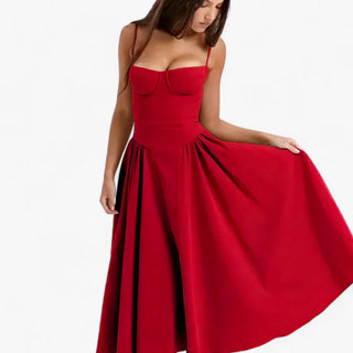 Vespera | Korsetjurk voor dames – Mouwloze midi-feestjurk met silhouetversterkend korset