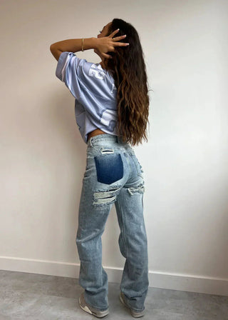 Fenna | Dames Ripped Jeans Hoge Taille Vintage Rechte Denim Blauw