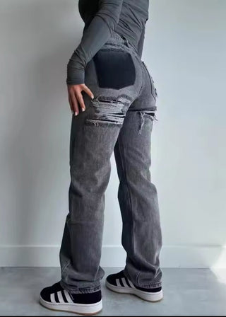 Fenna | Dames Ripped Jeans Hoge Taille Vintage Rechte Denim Grijs