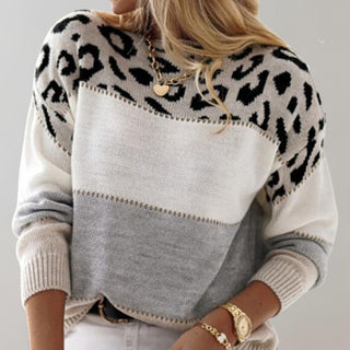 Viola | Dames Colorblock Gebreide Trui Luipaardprint Zachte Pullover