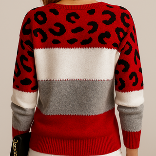 Viola | Dames Colorblock Gebreide Trui Luipaardprint Zachte Pullover Rood