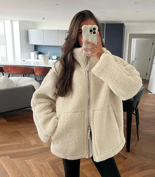 ELYSSI Wollen Jas Dames Oversized met Opstaande Kraag Beige