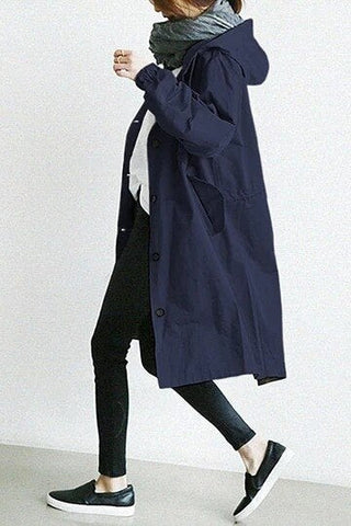 Drune | Dames Lange Trenchcoat met Capuchon Marineblauw