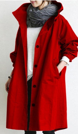Drune | Dames Lange Trenchcoat met Capuchon Rood