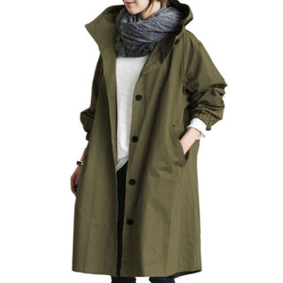 Drune | Dames Lange Trenchcoat met Capuchon Legergroen