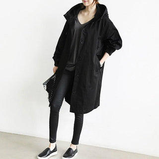 Drune | Dames Lange Trenchcoat met Capuchon Zwart
