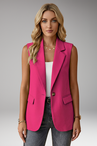 Dames Mouwloos Blazer met Reverskraag en Zakken Magenta