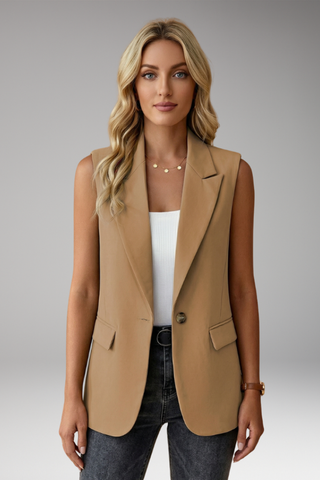 Dames Mouwloos Blazer met Reverskraag en Zakken Khaki