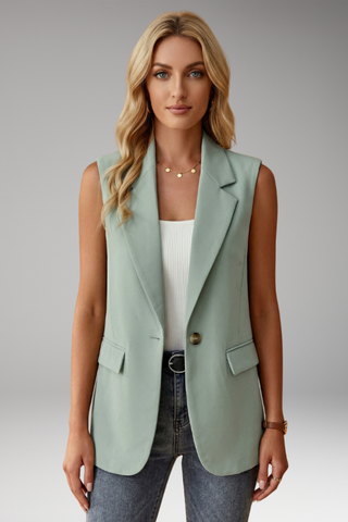 Dames Mouwloos Blazer met Reverskraag en Zakken Saliegroen
