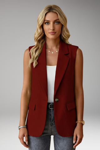 Dames Mouwloos Blazer met Reverskraag en Zakken Bordeauxrood