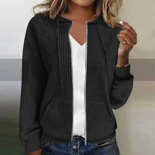 Elin | Wafeltextuur Zip Jas met Capuchon Zwart