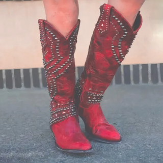Karla Dames Western Enkellaarsjes met Studs en Hoge Hak Rood
