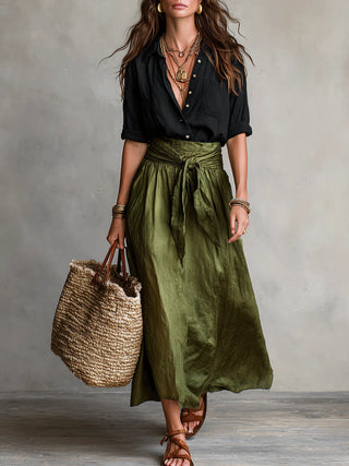 Vera Dames Tweedelige Set met T-shirt en Midirok Zwart Groen