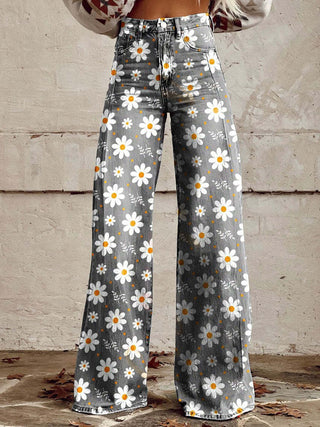Amore | Kleurrijke vintage Viscose Broek met print Witte bloemetjes