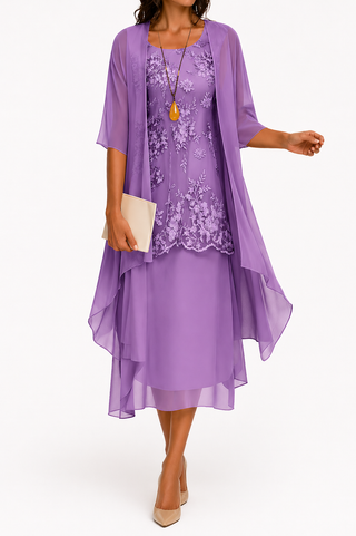 Zahara | Damesjurk met ronde hals en 3/4 mouwen voor bruiloftsgasten | Bloemenprint & Midi violet