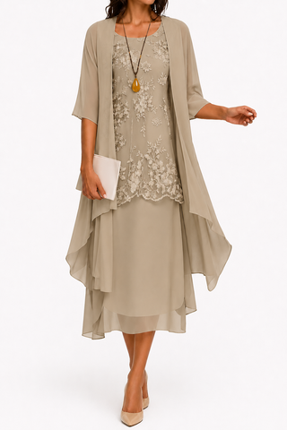 Zahara | Damesjurk met ronde hals en 3/4 mouwen voor bruiloftsgasten | Bloemenprint & Midi taupe