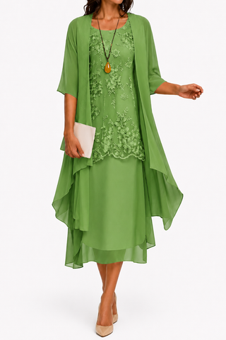 Zahara | Damesjurk met ronde hals en 3/4 mouwen voor bruiloftsgasten | Bloemenprint & Midi groen