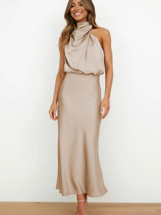 Doris Dames Halter Avondjurk Beige