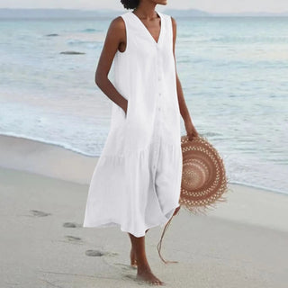 Aura | Dames Zomerjurk – Knoopsluiting & Klassieke Midi-lengte wit