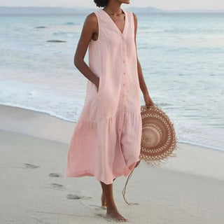 Aura | Dames Zomerjurk – Knoopsluiting & Klassieke Midi-lengte roze