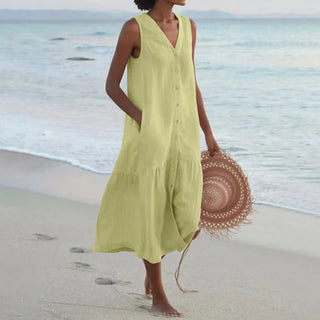 Aura | Dames Zomerjurk – Knoopsluiting & Klassieke Midi-lengte groen