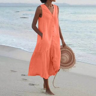 Aura | Dames Zomerjurk – Knoopsluiting & Klassieke Midi-lengte oranje