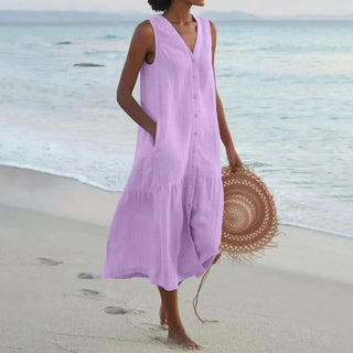 Aura | Dames Zomerjurk – Knoopsluiting & Klassieke Midi-lengte paars