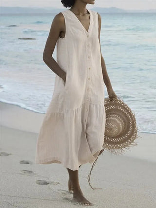 Aura | Dames Zomerjurk – Knoopsluiting & Klassieke Midi-lengte bruin