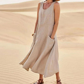 Bonera | Dames Zomerjurk – Ronde Halslijn & Midi-lengte khaki