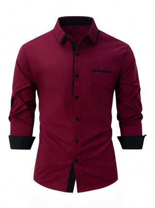 Heren Zakelijk Overhemd Herfst Slim Fit Lange Mouw Gestreept Strijkvrij Bordeauxrood