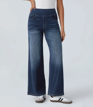 Mel Dames High-Waist Jeans met Wijde Pijpen Blauwgrijze Denim