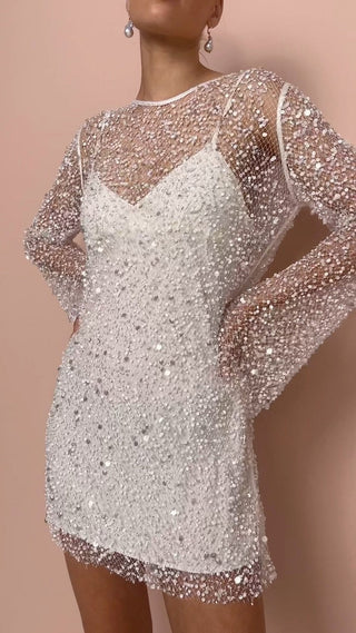 Amara Dames Mesh Jurk met Glittereffect en Bandjes Wit