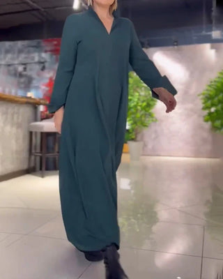 Losse Lange Maxi Jurk Met Zijsplit Katoenmix Schuine Halslijn Groen