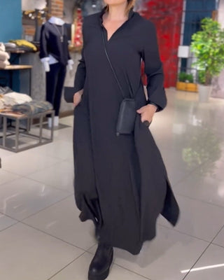 Losse Lange Maxi Jurk Met Zijsplit Katoenmix Schuine Halslijn Zwart