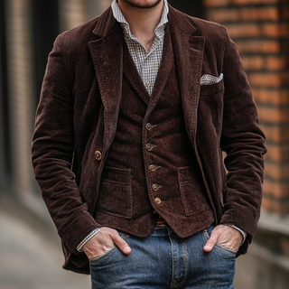 Heren Blazer En Vest Set Met Slim Fit Design Kastanjebruin