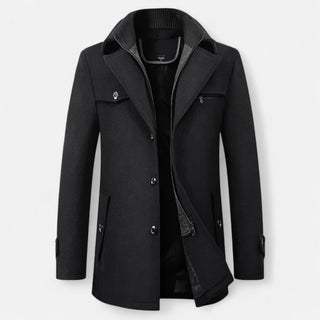 Ancienne Monde | Heren Wollen Trenchcoat met Dubbele Kraag en Rits Zwart