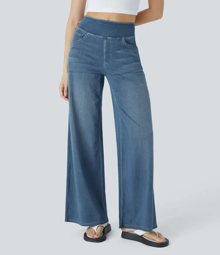 Mel Dames High-Waist Jeans met Wijde Pijpen Mayablauwe Denim