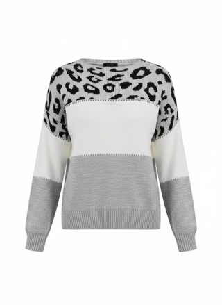 Viola | Dames Colorblock Gebreide Trui Luipaardprint Zachte Pullover