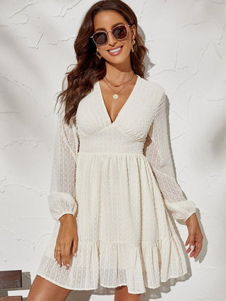 Vrouwen Effen Kleur Clip Polka Dot Chiffon Fit En Flare Jurk Wit