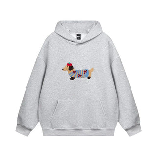 Unisex Oversized Hoodie met Teckel-Borduursel en Kangoeroezak Grijs